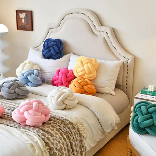 Miniatura 7 de Xuyier Bola de almohada de nudo, almohadas decorativas con tela de terciopelo para sofá cama, decoración de 12 pulgadas, cojines cuadrados anudados