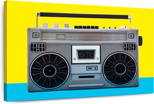 ElephantStock - Retro Silver Boombox Wall Art - Horizontal Canvas Wall Art - Living Room Wall Decor - Photography Music Canvas Art - Yellow And