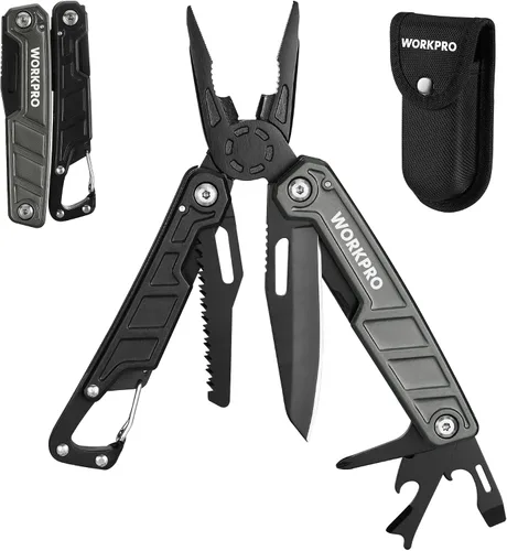 WORKPRO Multiherramienta de 11 en 1 con alicates, clip de bolsillo y funda - Cuchillo multiuso EDC con cierre de seguridad - Cuchillo de bolsillo