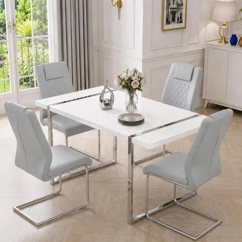 Miniatura 19 de Juego de mesa de comedor moderna de 55 pulgadas para 4, mesa de comedor negra y marco de metal dorado, mesa de comedor rectangular con 4 sillas