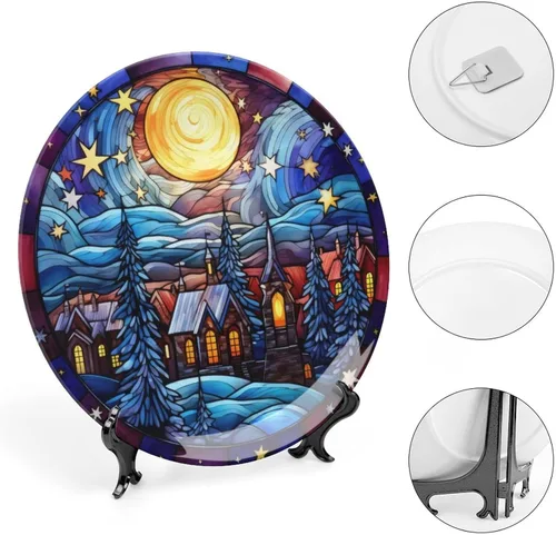 Miniatura 4 de Winter Village - Platos decorativos de noche de luna para decoración del hogar, platos de cerámica con diseño de vitrales para sala de estar, Noche