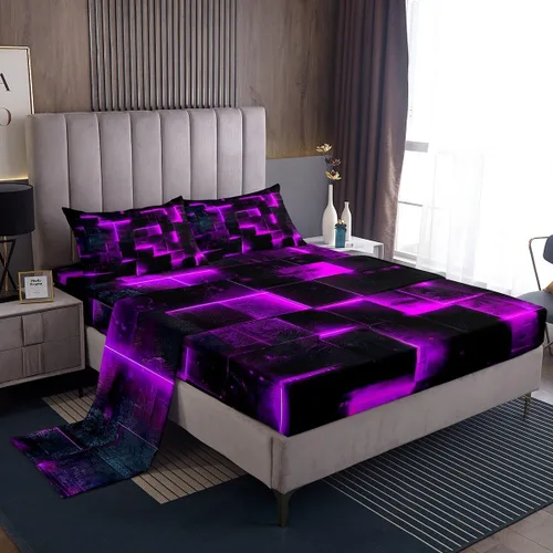 Miniatura 10 de Erosebridal Juego de sábanas de cama negro y rojo, juego de sábanas de tamaño individual abstracto moderno, sábanas a cuadros brillantes 3D, juego
