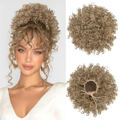 Miniatura 21 de PEACOCO Extensión de Cola de Caballo Corta y Rizada Moño Desordenado con Cordón Elástico Moño de Cabello Suelto para Mujeres con Cabello Delgado