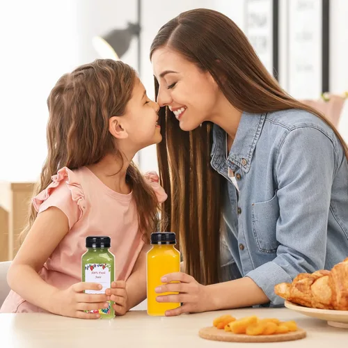 Miniatura 7 de SUPERLELE 12 botellas de plástico de 8 onzas con tapas, recipientes transparentes reutilizables para jugo con etiquetas, embudo y cepillo