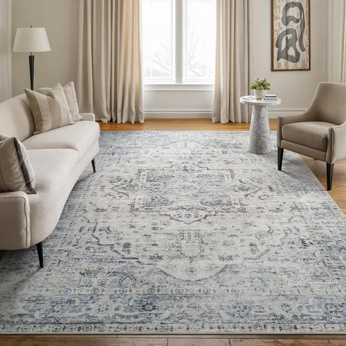 Miniatura 31 de Bloom Rugs Caria Alfombra Lavable Antideslizante de 7 pies - Azul/Carbón Alfombra Tradicional para Entrada, Pasillo, Baño y Cocina - Tamaño Exacto
