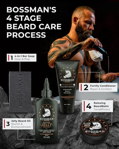 Miniatura 6 de Bossman Kit esencial de barba para hombres, regalos para papá para el día del padre, juego de 3 – gelatina de aceite para barba, crema