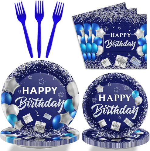 Wiooffen Juego de vajilla azul para fiesta de cumpleaños para 24 invitados, azul marino y plateado, decoración de fiesta de feliz cumpleaños para