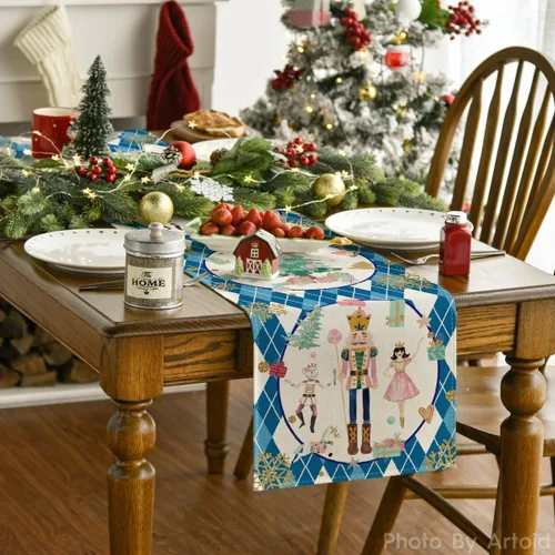 Miniatura 2 de Artoid Mode Camino de mesa de Navidad con diseño de cascanueces y copos de nieve con diamantes azules a cuadros, decoración estacional de invierno