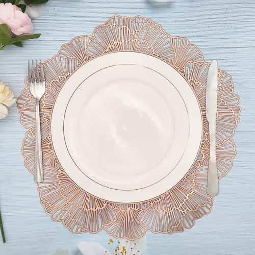 Miniatura 4 de Juego de 4 manteles individuales redondos de vinilo metálico con diseño de flores de oro rosa, manteles individuales para mesa de comedor, cocina