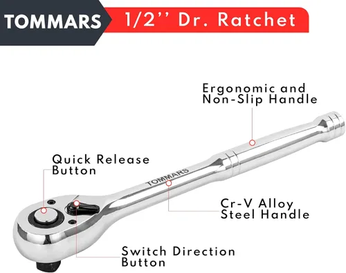 Miniatura 8 de TOMMARS Llave de trinquete de 1/2 pulgada, llave de trinquete de liberación rápida de 72 dientes, reversible, regalos para hombres, herramientas