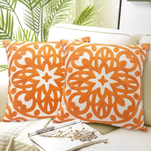 Alysheer Juego de 2 fundas de almohada decorativas bordadas de 18 x 18 pulgadas, patrón clásico de punto de mandala bohemio, 100% lona de algodón,