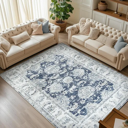 Miniatura 127 de Jinchan Fiora - Alfombra redonda de 8 pies, alfombras vintage con diseño floral envejecido, lavable a máquina, antideslizante, de pelo bajo, Azul