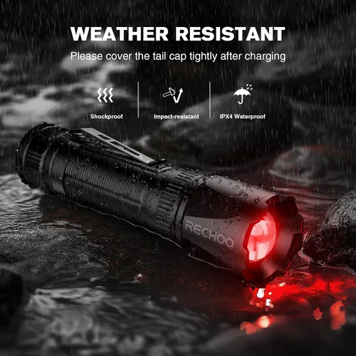 Miniatura 5 de Linterna de luz roja RECHOO, linternas recargables de LED rojo de 3 modos de alta potencia con clip y cordón, linternas rojas zoomables y portátiles
