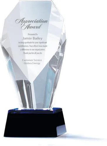 Baudville Trofeo de cristal grabado con acento azul – Pequeño – Grabado personalizado de hasta tres líneas y selección de versos preescritos – Viene