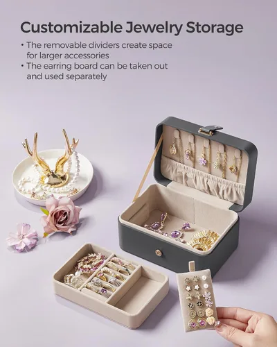 Miniatura 61 de SONGMICS Caja organizadora de joyas, estuche de viaje de 2 capas para aretes, collares, pulseras, almacenamiento portátil de joyas con gran Verde