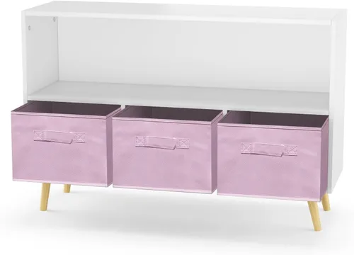 Miniatura 9 de Estantería de 2 estantes con 3 contenedores de almacenamiento de tela, organizador de baúl de almacenamiento con patas de pino, muebles