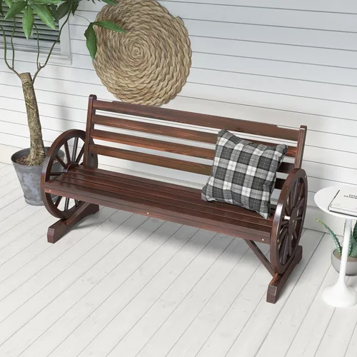 KINTNESS Banco de ruedas de madera rústico para exteriores, muebles de patio para 3 personas con respaldo para patio trasero