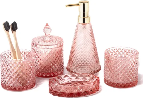 EMPO Juego completo de 5 accesorios de baño de vidrio de diamante, dispensador de loción vintage triangular, jabonera, soporte para cepillo de