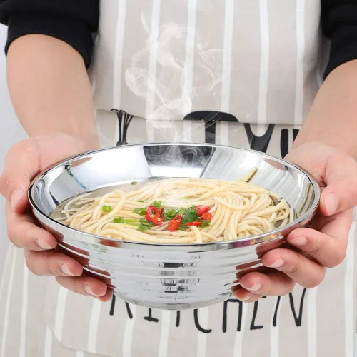 Miniatura 3 de Juego de tazones de sopa de fideos japoneses para ramen, 2 juegos (8 pulgadas) plateados de doble capa de acero inoxidable 18/8 con palillos