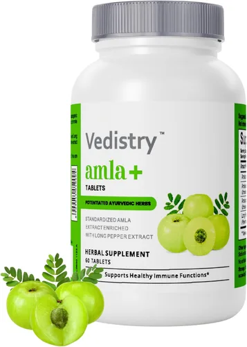 Vedistry Amla Supplement - Tableta de grosella espinosa india de 1100 mg con pimienta larga para inmunidad y energía, suplemento de hierbas rico en