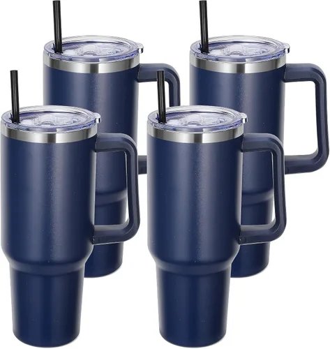 Miniatura 16 de DOMICARE Vaso de 40 oz con asa y pajita, vaso de acero inoxidable con tapa y pajita, reutilizable, aislado al vacío, taza para café de viaje