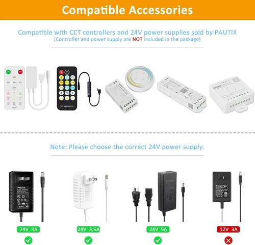 Miniatura 7 de PAUTIX COB Tira de Luz LED Blanca CCT Ajustable 3200LEDs, CRI90+ 16.4ft/5m Regulable 2700K-6500K 24V Cinta de Luz LED, para Bajo Gabinete Dormitorio