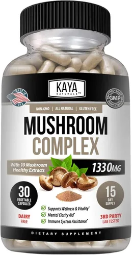 Kaya Naturals Complejo de hongos premium potente, cápsulas complejas de hongos de 1995 mg por porción, ayuda a la claridad mental que apoya el