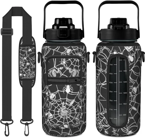 Miniatura 32 de Goth Moon Botella de agua de medio galón con funda - Botella de agua con tapa abatible sin BPA de 32 onzas - con marcador de tiempo, jarra de agua a