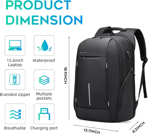 Miniatura 4 de Mochila de viaje BANGE, mochila antirrobo para laptop, compatible con portátiles de 15.6 pulgadas, Negro, Mediana, Computadora portátil