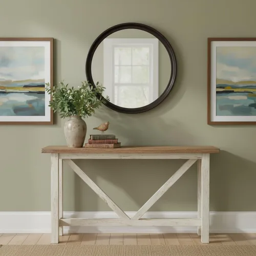 Miniatura 4 de Round Mirrors 24 Inch,Rustic Decorative Transitional Dark Walnut Wall Mirror with Wood Grain for Bathroom,Farmhouse Hanging Vanity Mirror for