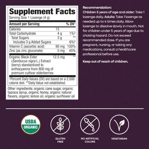 Miniatura 7 de Nature's Way Sambucus Pastillas de zinc con saúco y vitamina C, sabor miel y limón, 24 pastillas
