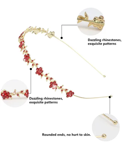 Miniatura 2 de Wecoe Paquete de 4 Diademas - Diadema de novia con diamantes de imitación rojos para niña, diadema de boda con cristales, diadema de hojas y Banda