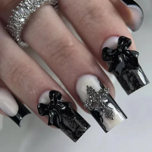 Miniatura 12 de MISUD - Uñas postizas largas cuadradas con pegamento de Rojo Gótico y Negro, diseño cruzado gótico Y2K acrílico, 24 piezas