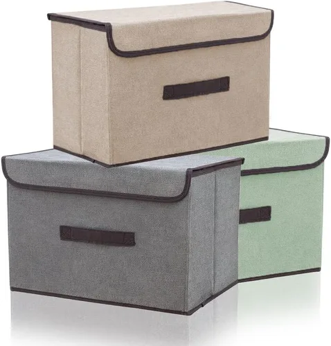 LELE LIFE Paquete de 3 contenedores de almacenamiento con tapas, cubos de almacenamiento plegables de tela, cajas de almacenamiento plegables para