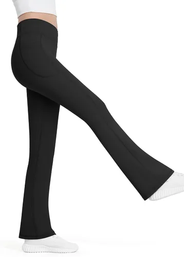 Miniatura 3 de HASMES Leggings acampanados para niñas con bolsillos, parte inferior acampanada, cintura alta, pantalones de yoga para danza, ropa deportiva