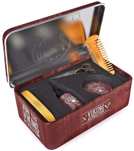 Kit de aseo definitivo Viking Revolution para hombre - Cepillo de jabalí, peine de madera, bálsamo y aceite de sándalo, tijeras para barba y bigote
