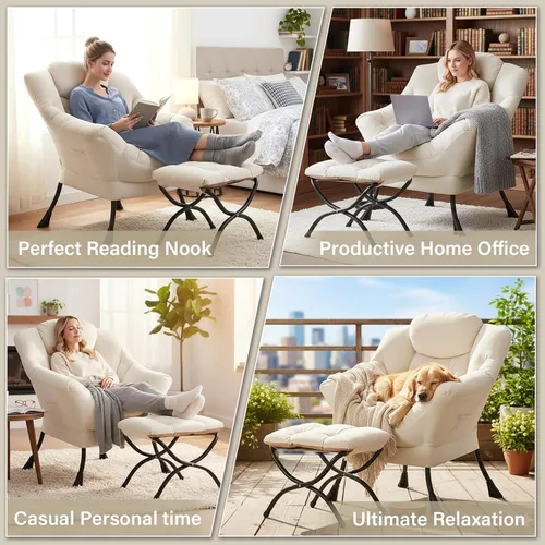 Miniatura 6 de Silla perezosa con otomana, silla de descanso moderna y grande con reposabrazos y bolsillo lateral, sillón tapizado de ocio con silla de lectura