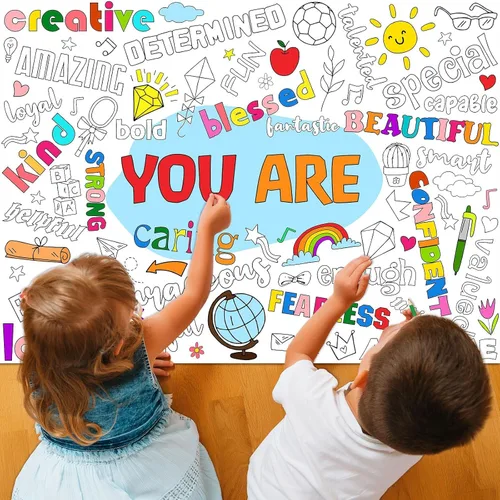 Miniatura 6 de Naozinebi Póster para colorear positivo para niños, póster gigante con texto en inglés "You Are Coloring", gran afirmaciones positivas, mantel