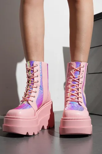Miniatura 2 de Cape Robbin Botines de plataforma holográficos para mujeres, tacones gruesos en bloque, punta puntiaguda, cuero PU con correa de hebilla