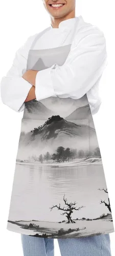 Miniatura 4 de MUSM Apron for Adults - 27.6 X 31.5 Inch, Heavy-Duty Polyester Aprons with Two Large Pockets, Waterproof Ink Painting Landscape Kitchen Apron for