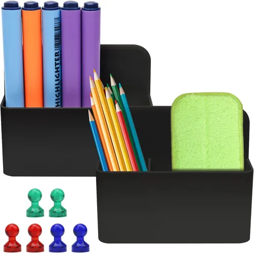 Catcan Paquete de 2 marcadores magnéticos de borrado en seco, soporte magnético para lápices con 6 pines magnéticos para escuela, oficina, hogar,