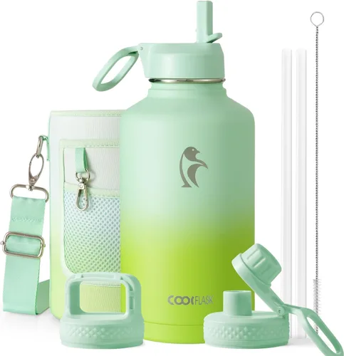 Miniatura 70 de Coolflask Botella de agua de 20 onzas aislada con pajilla, 3 tapas de metal de acero inoxidable, botella de agua de boca ancha para deportes u