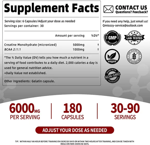 Miniatura 8 de Cápsulas de monohidrato de creatina micronizada de 6000 mg con BCAA2:1:1 - Ingredientes activos que apoyan la fuerza y la recuperación - Suplementos