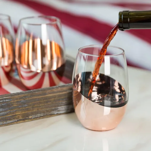 Miniatura 7 de MyGift Juego de 4 copas de vino sin tallo - Barware moderno con acento en cobre, elegantes copas para bodas y celebraciones con acabado metálico