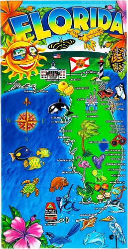 Miniatura 4 de Florida - Toalla de playa de 30 x 60 pulgadas, 100% algodón (Flamingo Florida Map, una toalla)