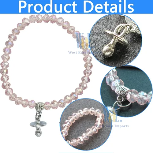 Miniatura 3 de WE Baby Shower Girl - Pulsera elástica de cristal rosa con dije para chupete (12 piezas)