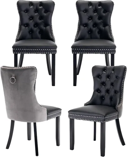 Miniatura 39 de Juego de 2 sillas de comedor de terciopelo, silla de comedor tapizada de alta gama con tirador de anillo en la espalda, adorno de clavos y patas