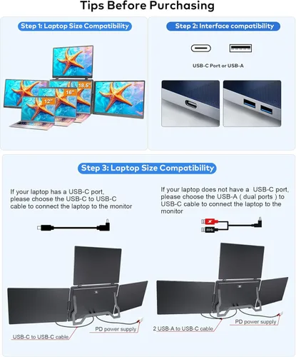 Miniatura 6 de Monitor portátil de triple pantalla de 16 pulgadas para laptop, extensor de pantalla FHD 1200P, 1 cable para monitor cuádruple de 3 pantallas, Gris