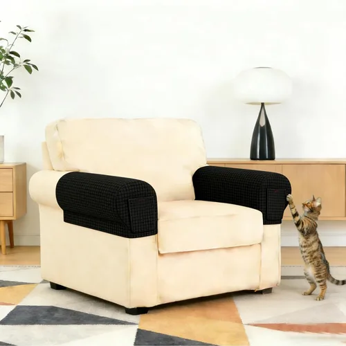Miniatura 3 de Juego de 2 fundas elásticas para brazos de sofá con bolsillo, fundas extraíbles antideslizantes para reposabrazos para sillón reclinable y sillones