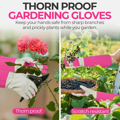 Miniatura 3 de HANDLANDY Guantes de jardinería de poda de rosas para hombres y mujeres, guantes largos a prueba de espinas, piel de cerdo, transpirables